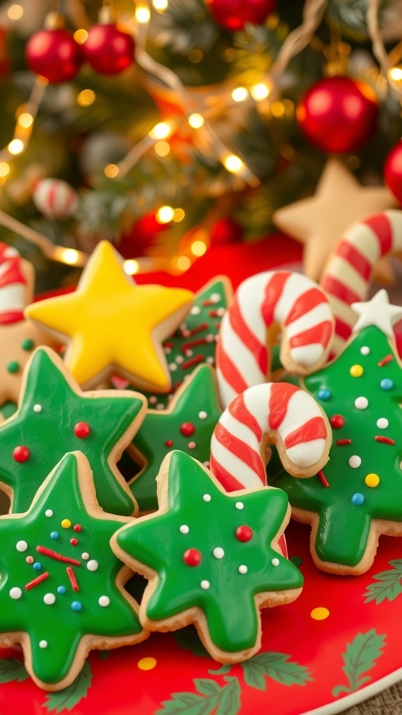 Decorated Christmas sugar cookies in festive shapes on a holiday-themed plate.